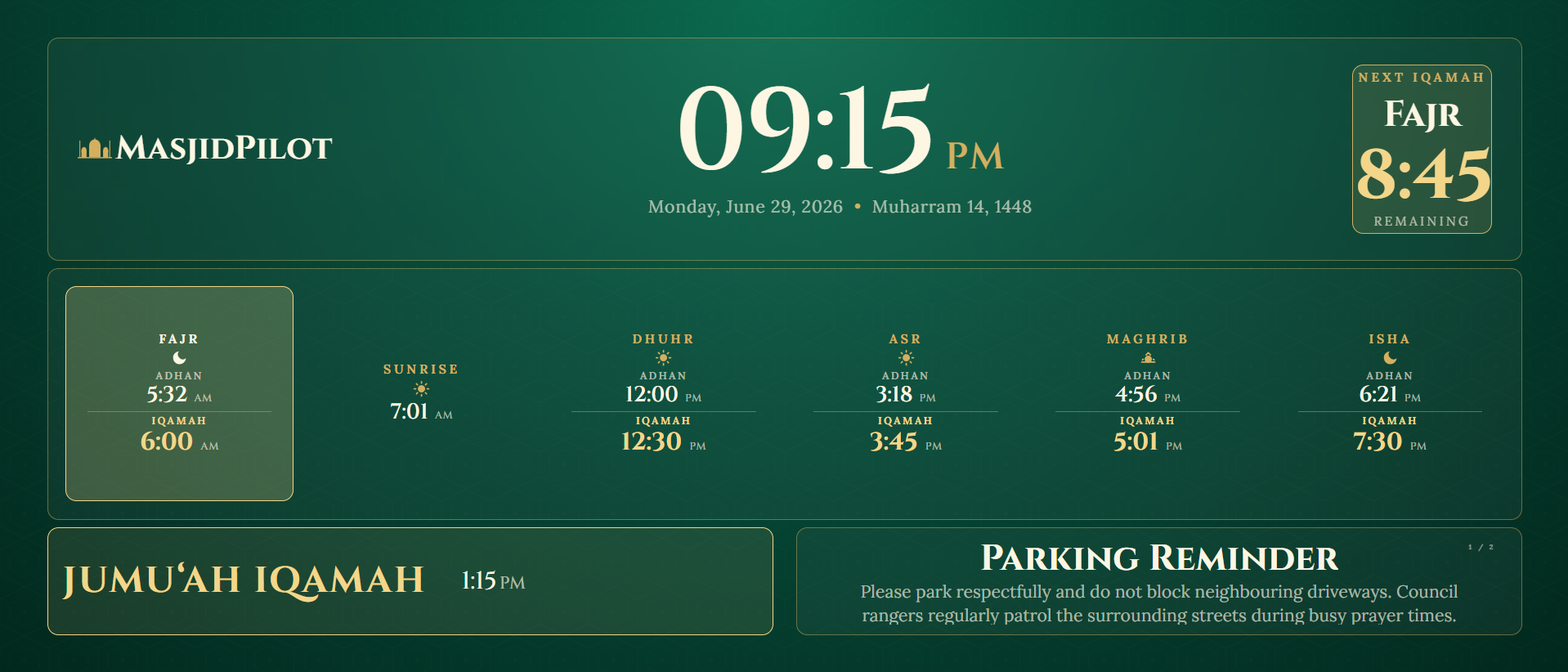 Live MasjidPilot display screen showing prayer and iqamah times on a masjid TV