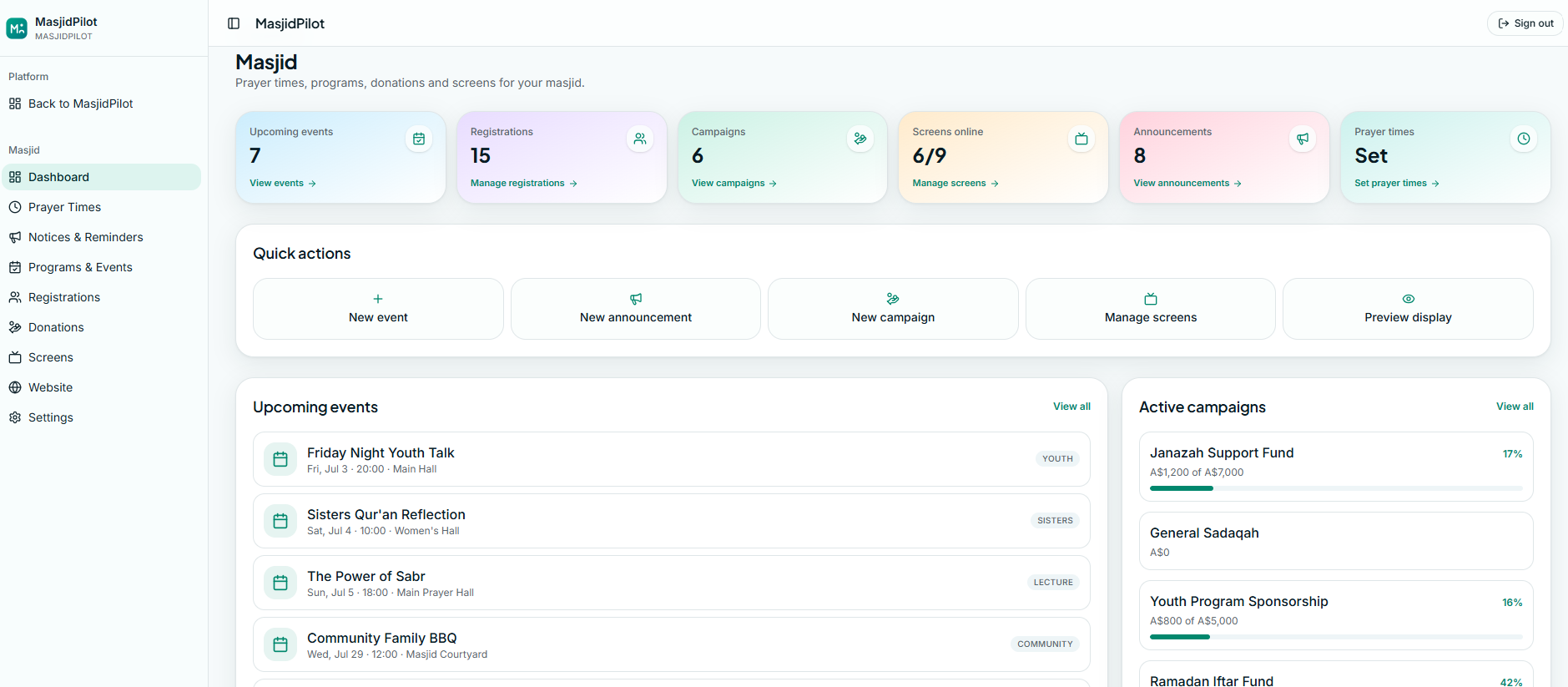 MasjidPilot Masjid admin dashboard with prayer times, notices and events